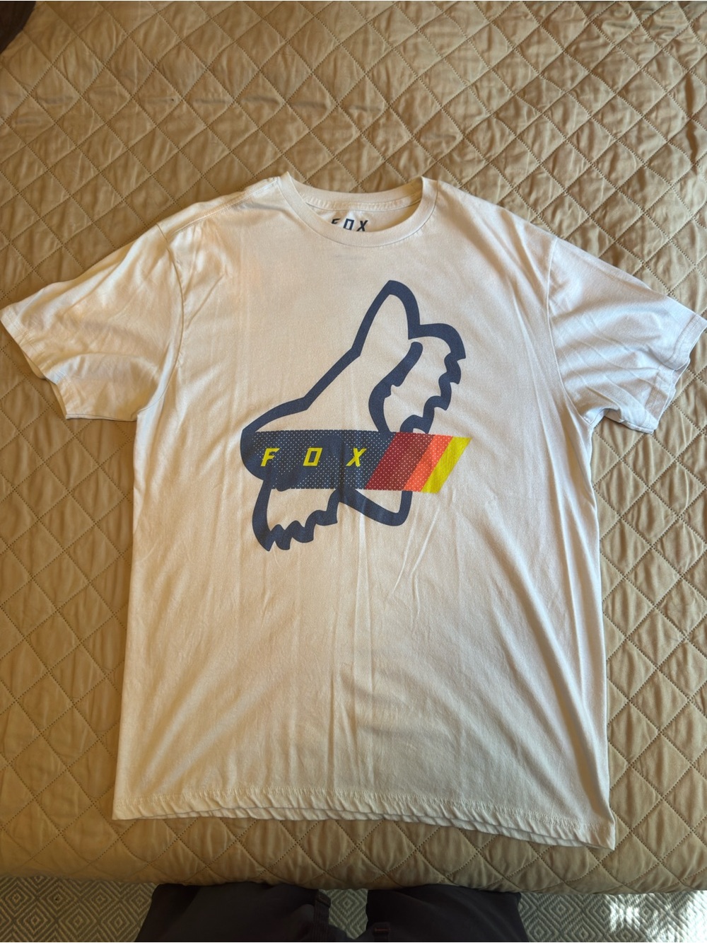 Fox White Short Sleeve Tee with Navy Logo and Red Yellow Stripe